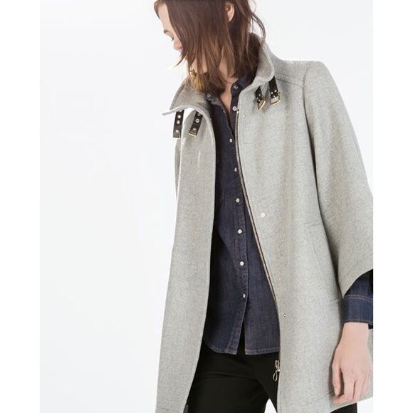 ZARA Wool Blend Cape Coat Buckle Poncho Jacket Funnel Neck Gray - Picture 3 of 13